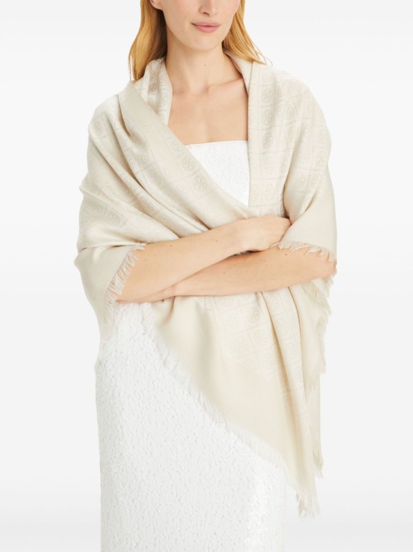 Tory Burch Ivory Wool-silk Blend Wraparound Scarf With Monogram Pattern