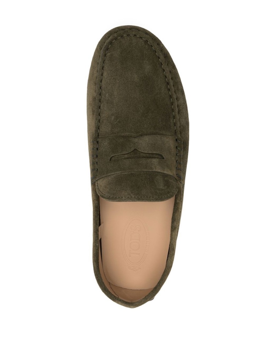 Tod's Kaki Suede Loafers With Almond Toe Design In Green