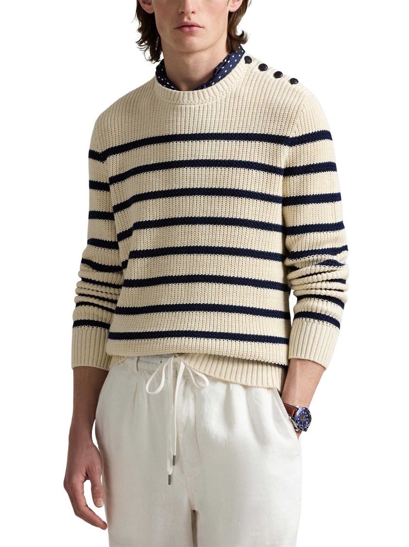 Shop Polo Ralph Lauren Cream Striped Crewneck Sweater With Shoulder Buttons