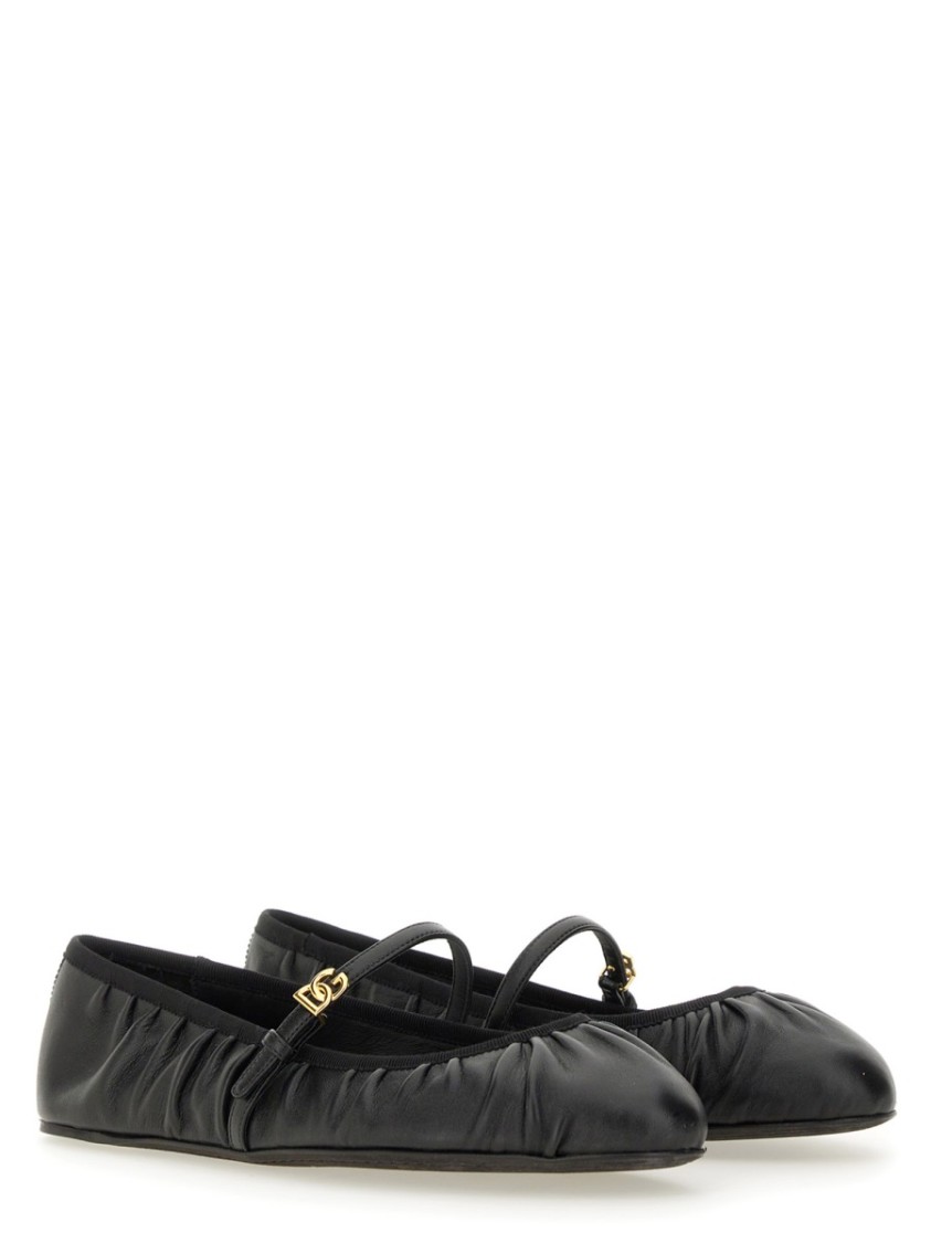 Dolce & Gabbana Black Ballerinas With Metallic Logo And Strap In Leather Woman In Black