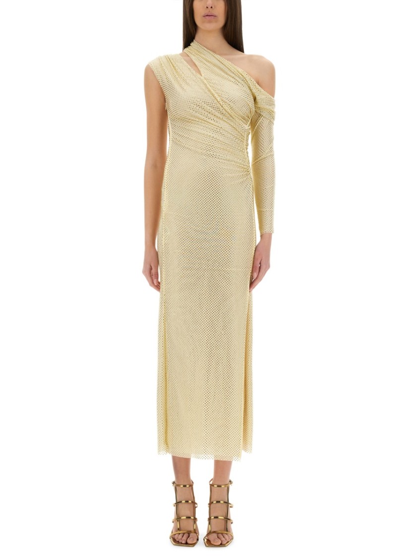 Self-portrait Midi Dress Draped With Rhinestones In Neutrals
