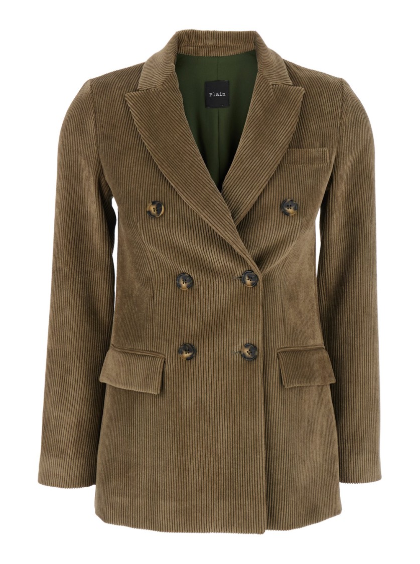 Plain Brown Double-breasted Jacket With Peak Revers In Courduroy Woman In Brown