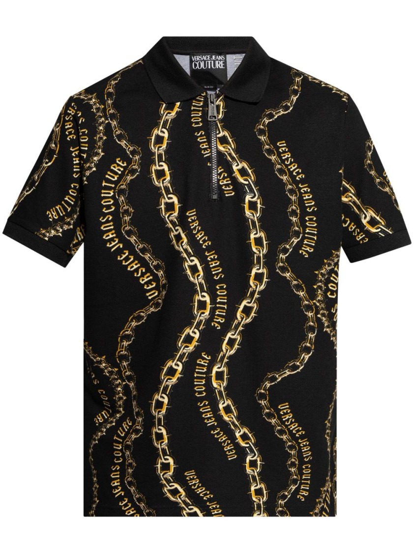Shop Versace Jeans Couture Black Polo Shirt With Chain Pattern