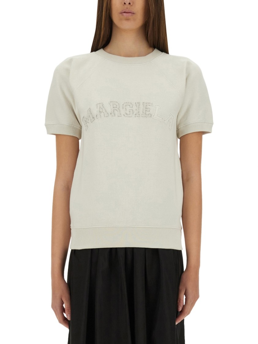 Maison Margiela Short-sleeved Sweatshirt With Textured Logo In Gray