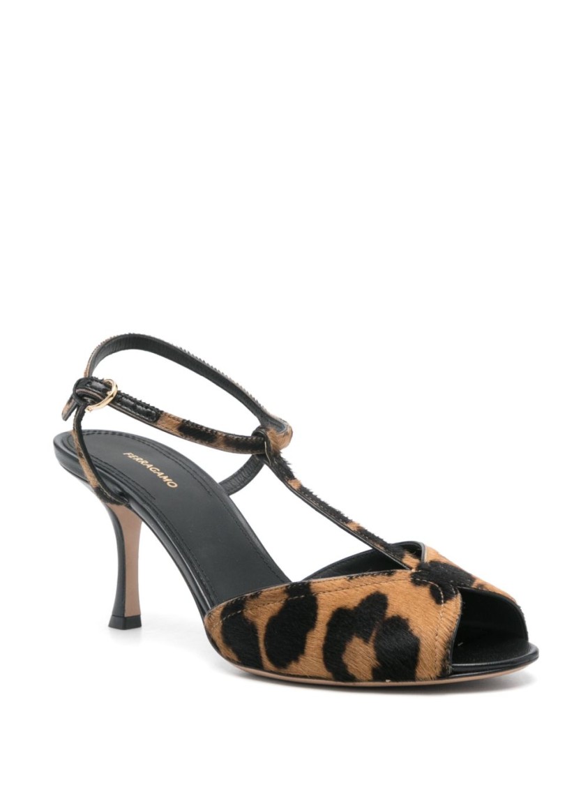 Ferragamo Salvatore  Open-toe Black Sandals With Leopard Print In Gray