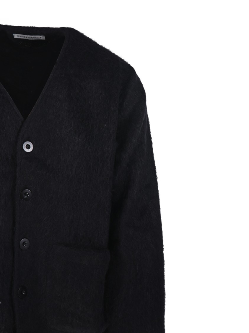 Our Legacy Textured Black Cardigan With Deep V-neck And Cozy Fit In Black