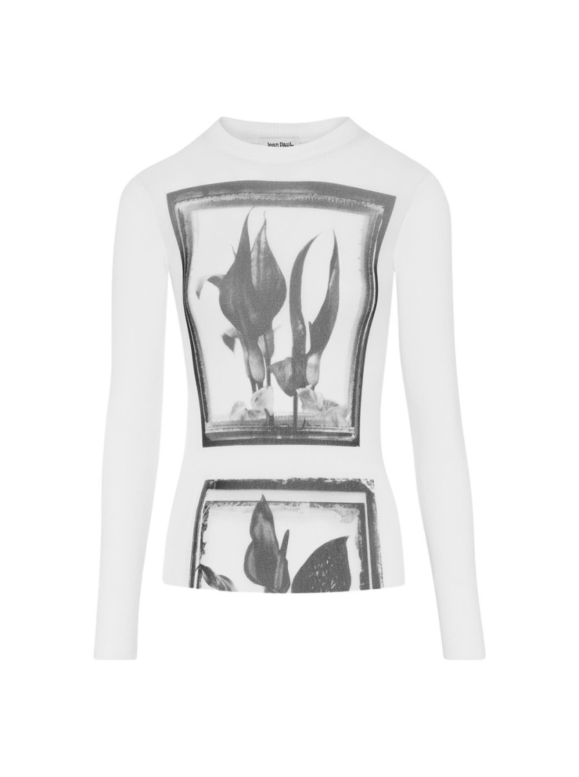 Jean Paul Gaultier Flowers Cadres Mesh Long Sleeve Top White In White