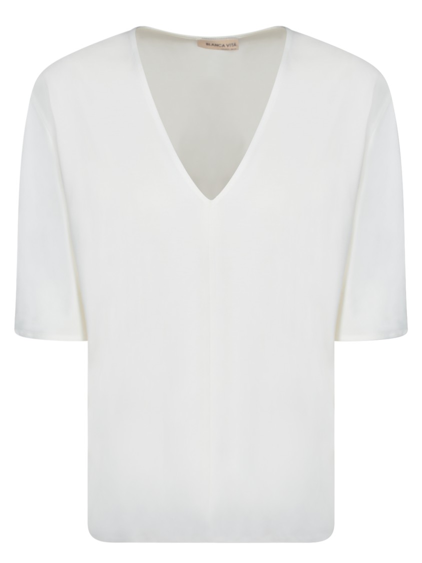 BLANCA VITA BLANCA VITA WHITE JERSEY BLOUSE WITH DEEP V-NECK 