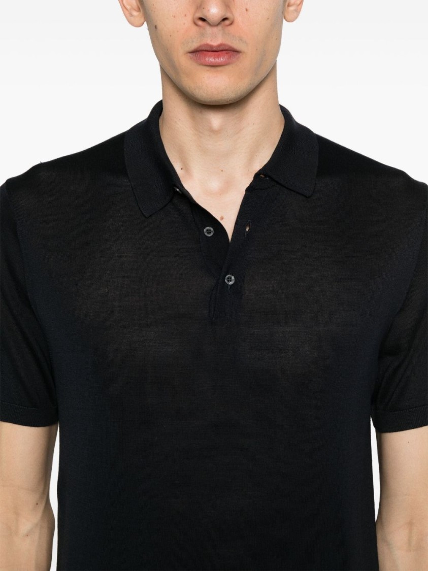 Corneliani Silk Polo-design Black Sweater With Soft Collar In Black