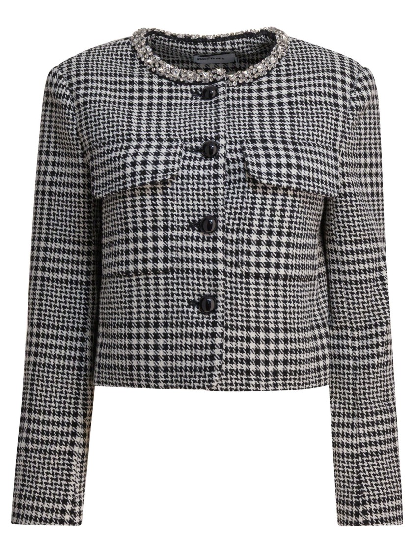Self-portrait Cropped Houndstooth Jacket With Flap Chest Pockets In Gray