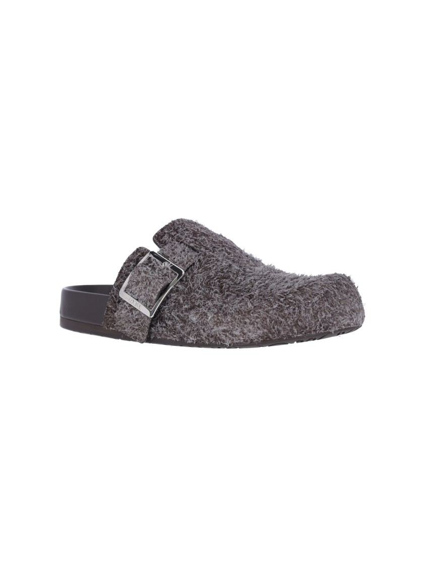 Loewe Buckle Detail Open Back Textured Finish Slippers In Gray