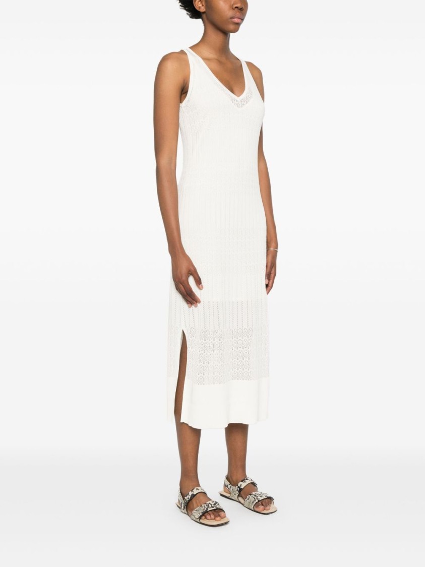 Shop Hugo Boss Boss Orange Light Beige V-neck Midi Dress With Intricate Knit Detail
