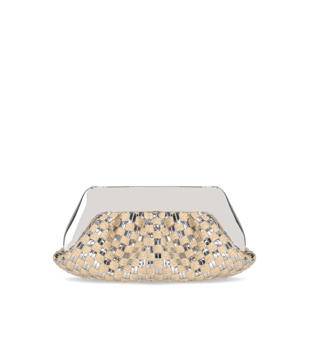Themoirè Emera Micro Weaved Straw Laminated Silver Clutch Bag
