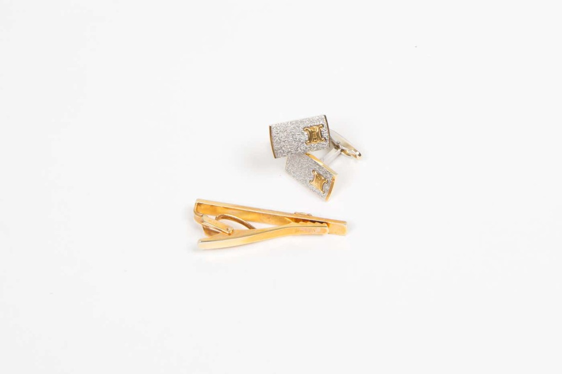 Celine Gold-tone "triomphe" Cufflinks And Tie Link Set In Gold