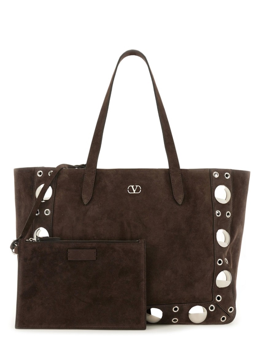 Valentino Suede Shoulder Bag With Maxi Metal Studs In Brown