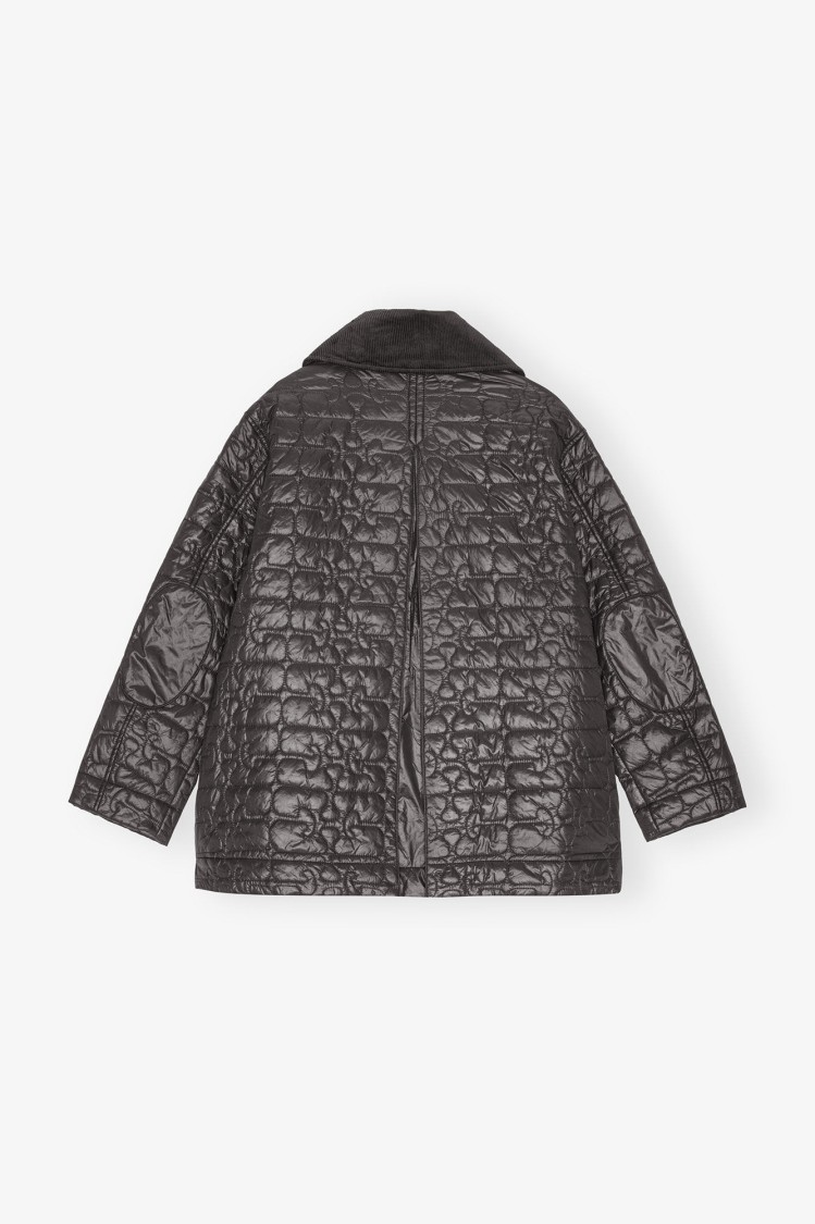 Ganni Shiny Black Quilted Midi Jacket With Pointed Collar