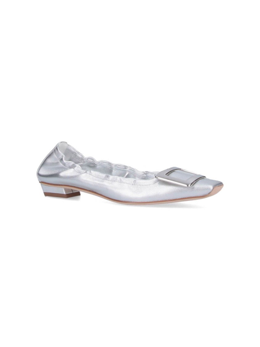 Roger Vivier Metallic Silver Leather Ballerina Flats With Draped Detailing In Silver