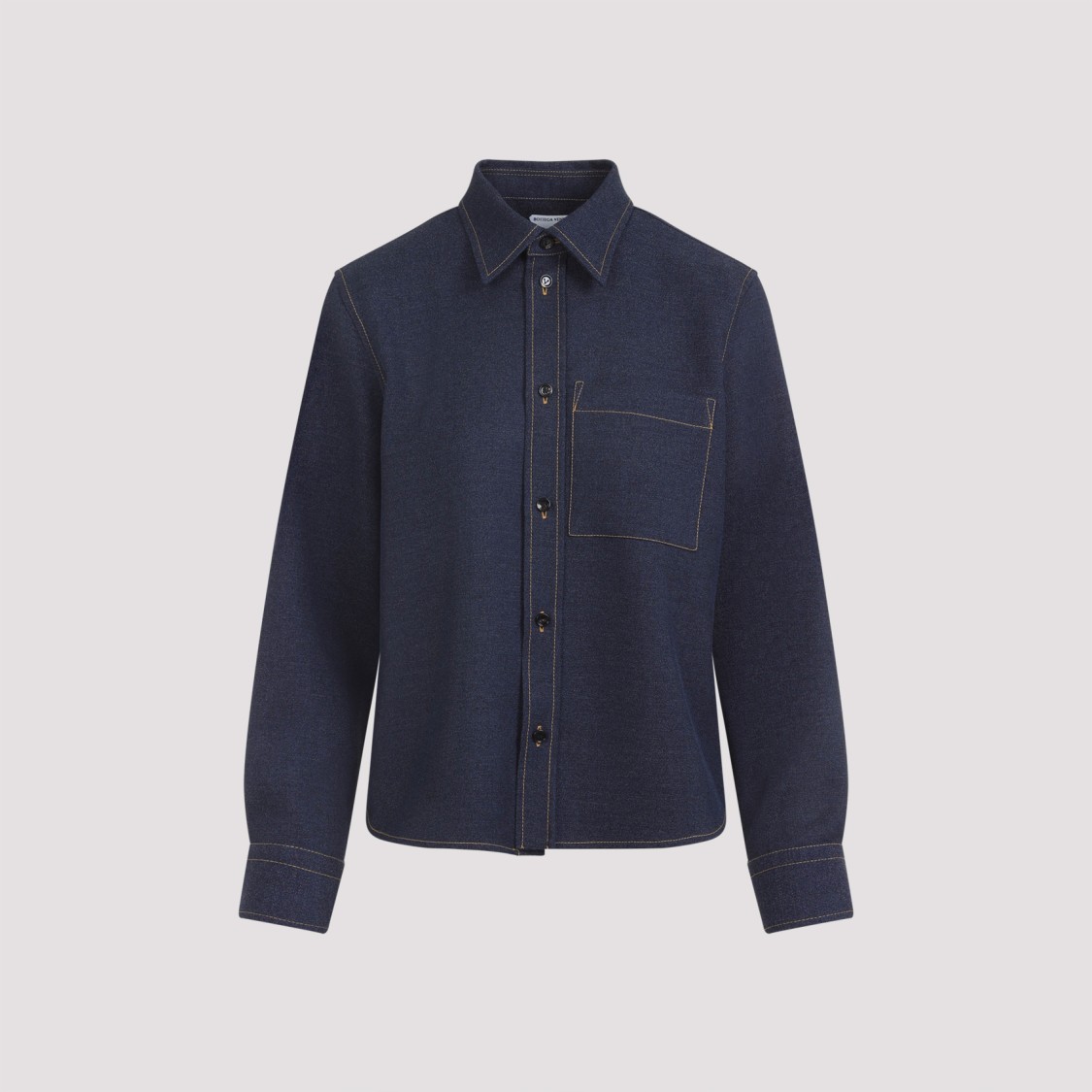 Bottega Veneta Wool Drill Shirt With Yellow Stitching In Blue
