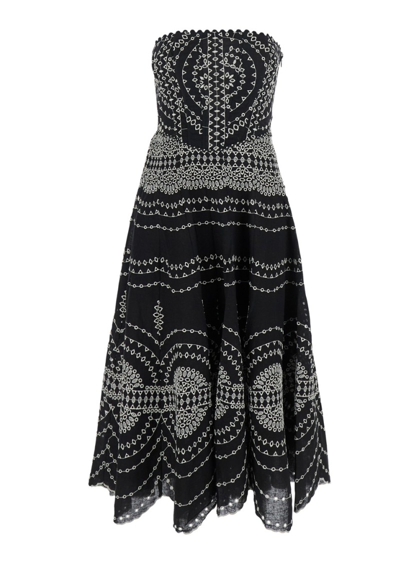 Charo Ruiz Iris Black Long Dress With All-over Embroideries And Ruffled Skirt In Cotton And Linen Blend Woman