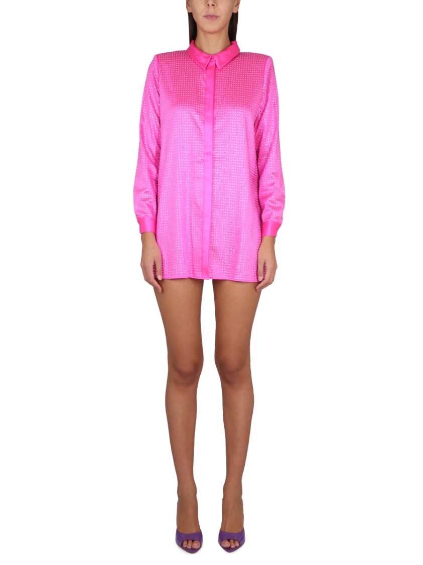 Self-portrait Hot Fix Rhinestone Embellished Satin Shirt In Pink