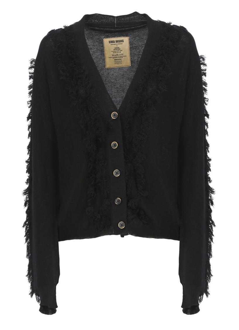 Uma Wang Textured Black Cotton Cardigan With Fringed Details In Black