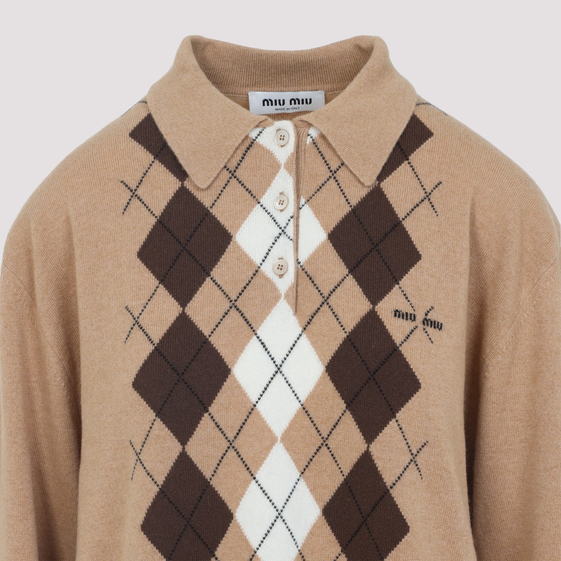 Miu Miu Argyle Pattern Cashmere Sweater With Polo Collar In Brown