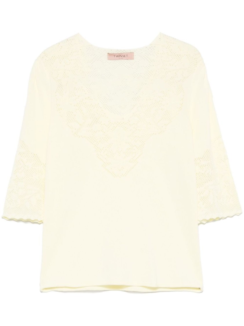 Shop Twinset Twin-set Lace-trimmed Yellow Twin-set Sweater