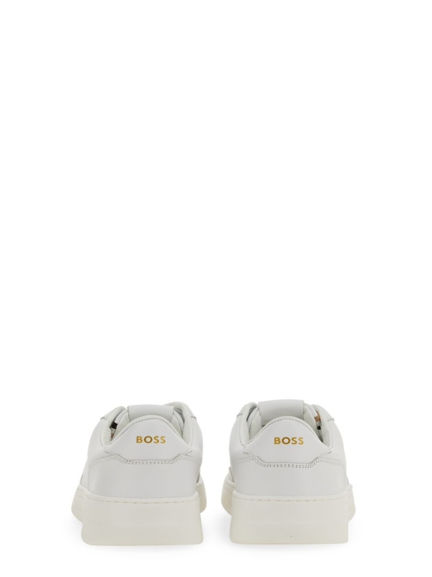 Hugo Boss Gary Tenn Mens Leather Low-top Trainers With Branded Lace Loop Nos In White