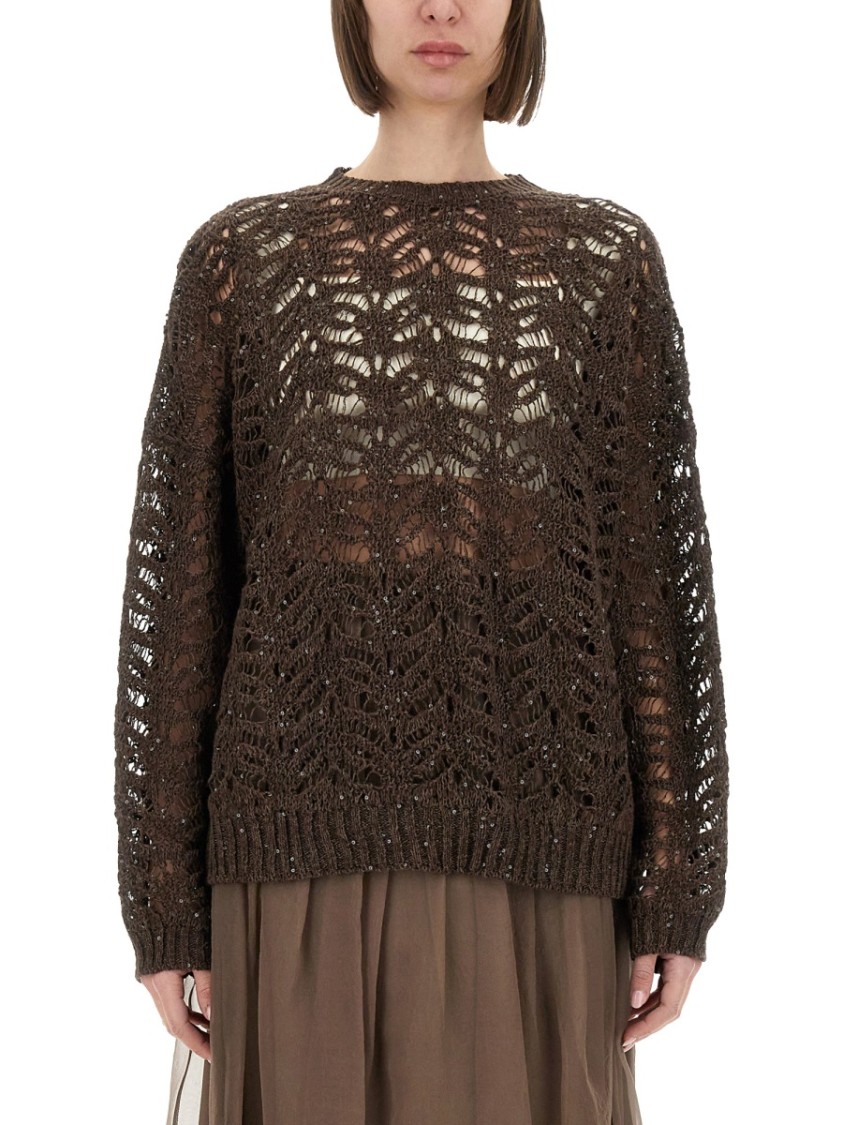 Brunello Cucinelli Foliage Lace Linen And Silk Diamond Knit In Black
