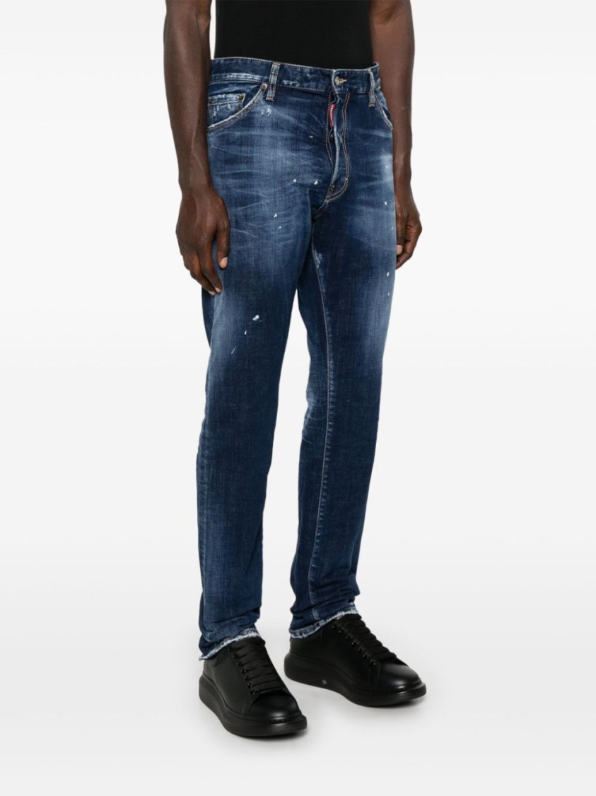 Dsquared2 Slim Fit Distressed Blue Denim Jeans With Paint Splatters In Blue