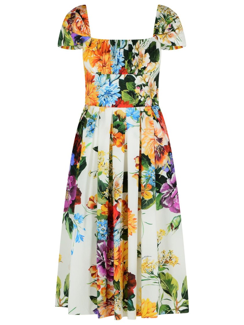 Dolce & Gabbana Floral Bouquet Popeline Cap-sleeve Pleated Dress In Multi