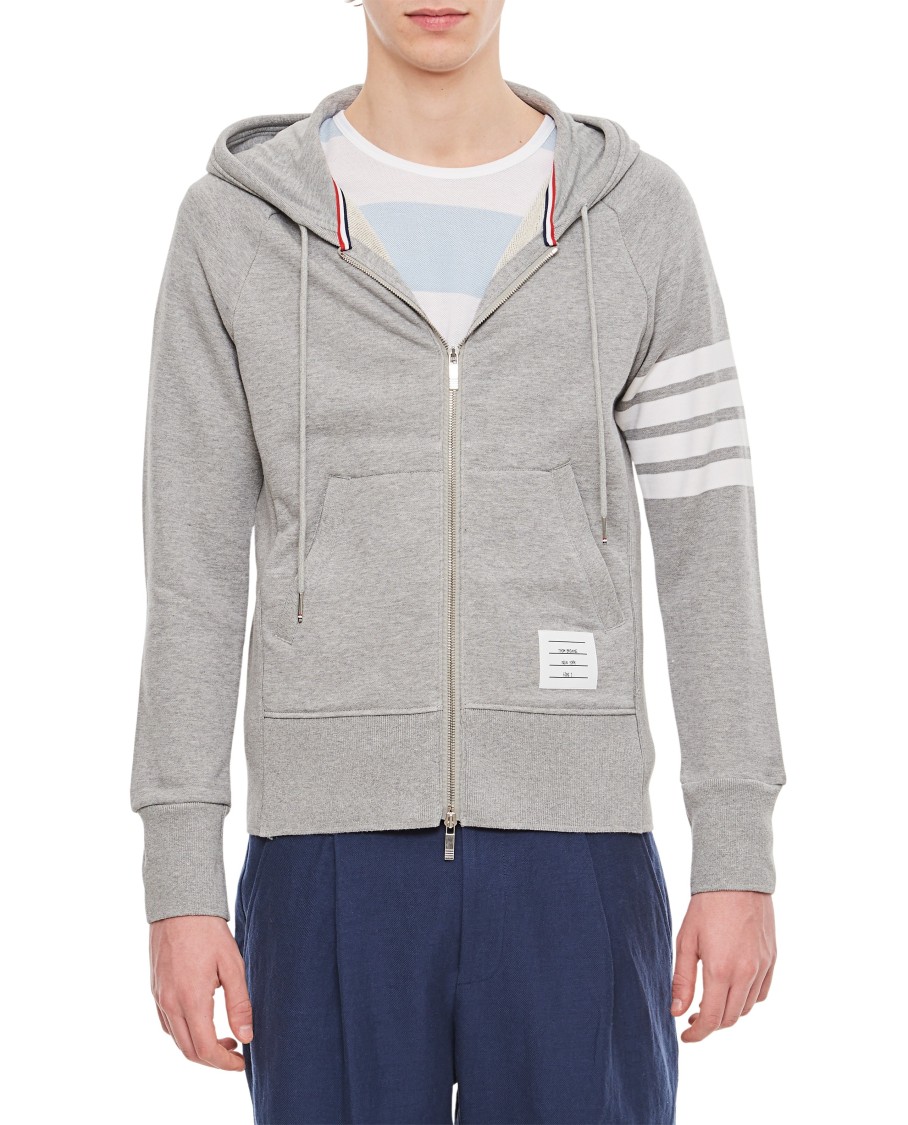 Thom Browne Mens Light Grey Striped Brand-patch Cotton-jersey Hoody In Grey