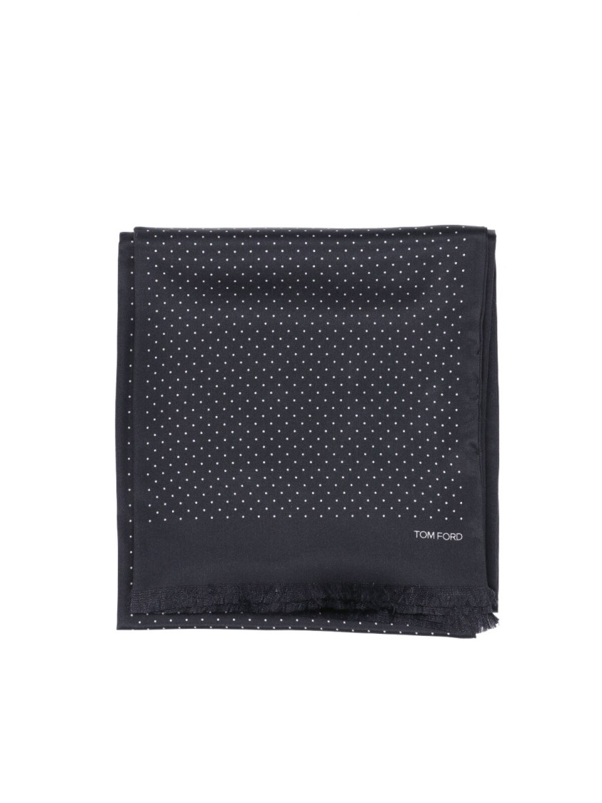Tom Ford Fringed Black Scarf With Subtle Polka Dot Pattern In Blue
