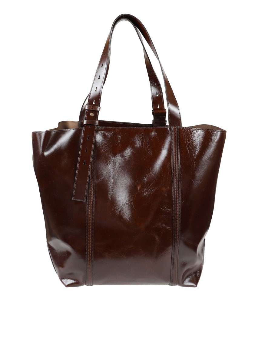 Golden Goose Structured Dark Brown Leather Tote Bag With Polished Finish In Brown