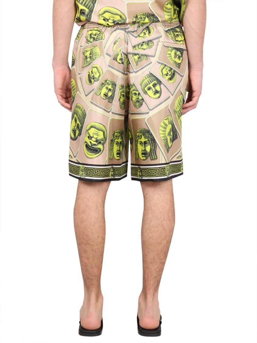 Versace Twill Silk Shorts Masks Print Detail In Green