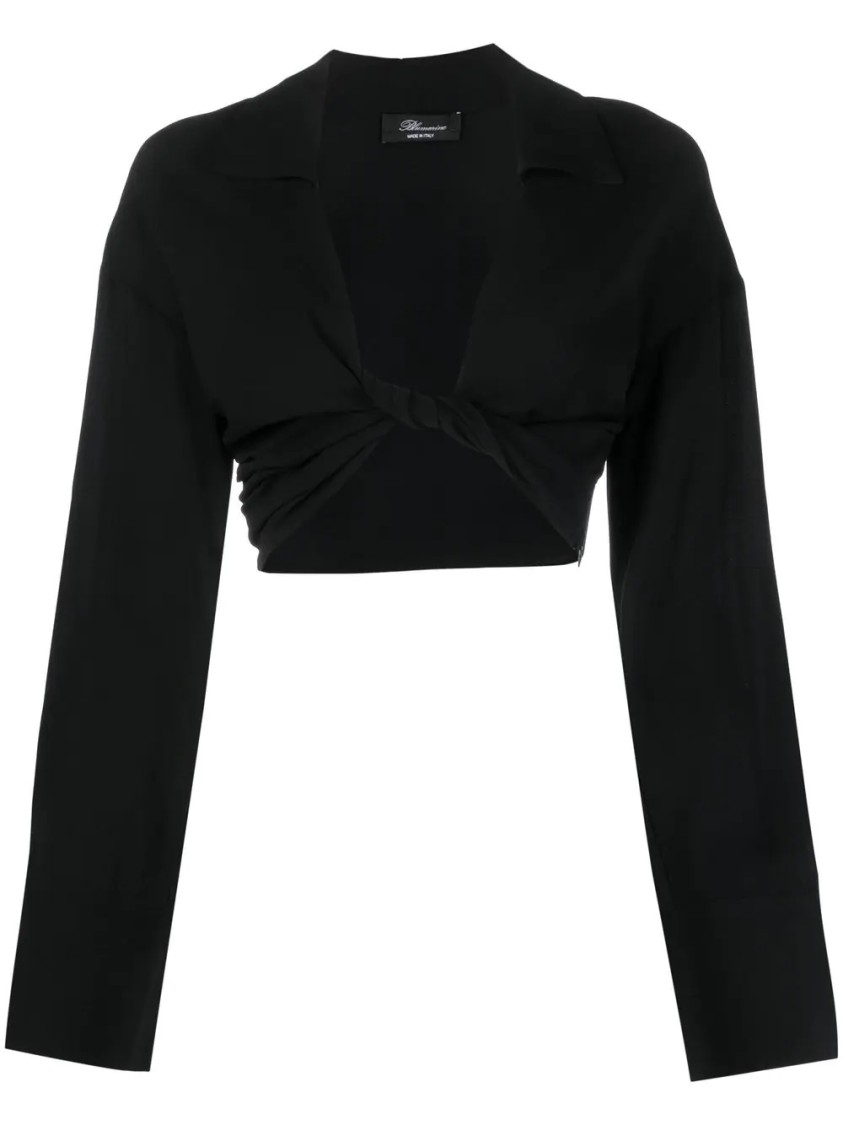 Blumarine Cropped Blouse With Twisted Front And Flared Sleeves In Black