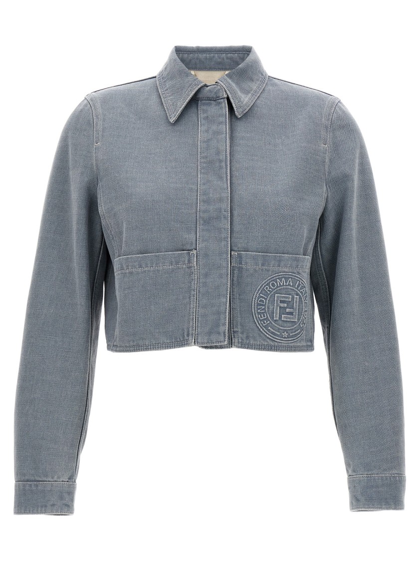 Fendi Logo Stamp Cropped Denim Jacket In Brown