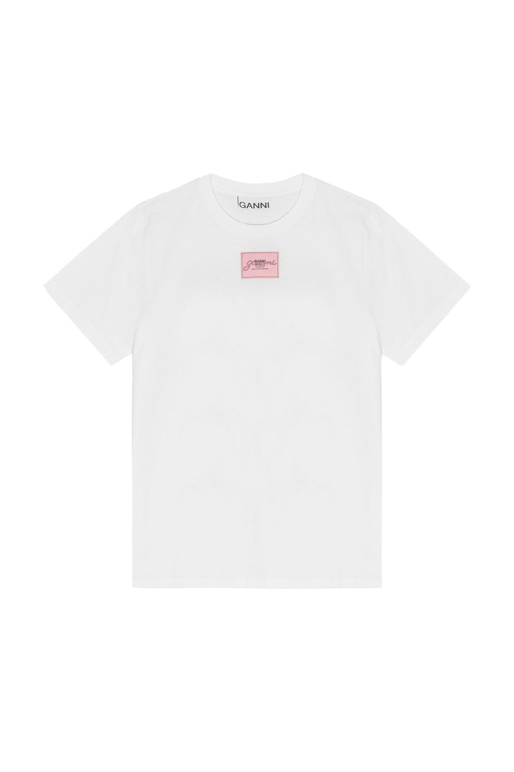 Ganni Relaxed-fit White Jersey T-shirt With Graphic Print In White