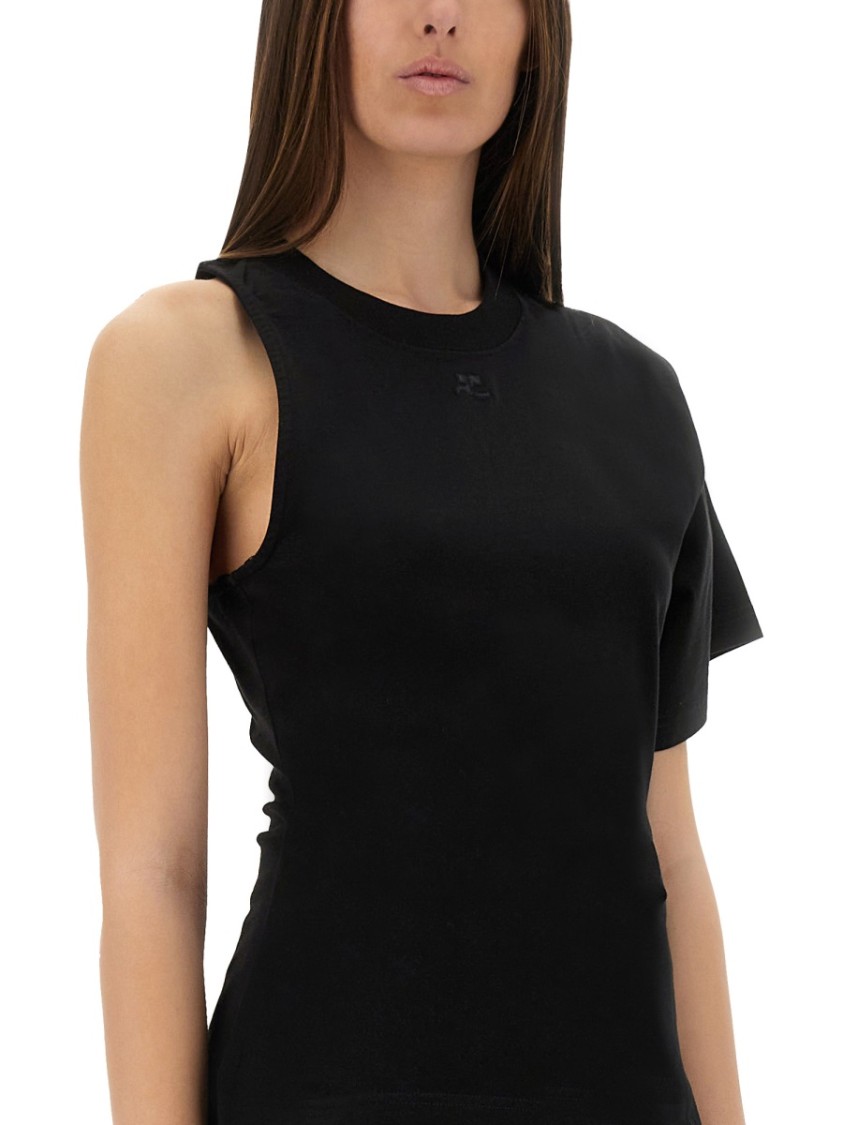 Shop Courrèges One-shoulder Black T-shirt In Soft Cotton