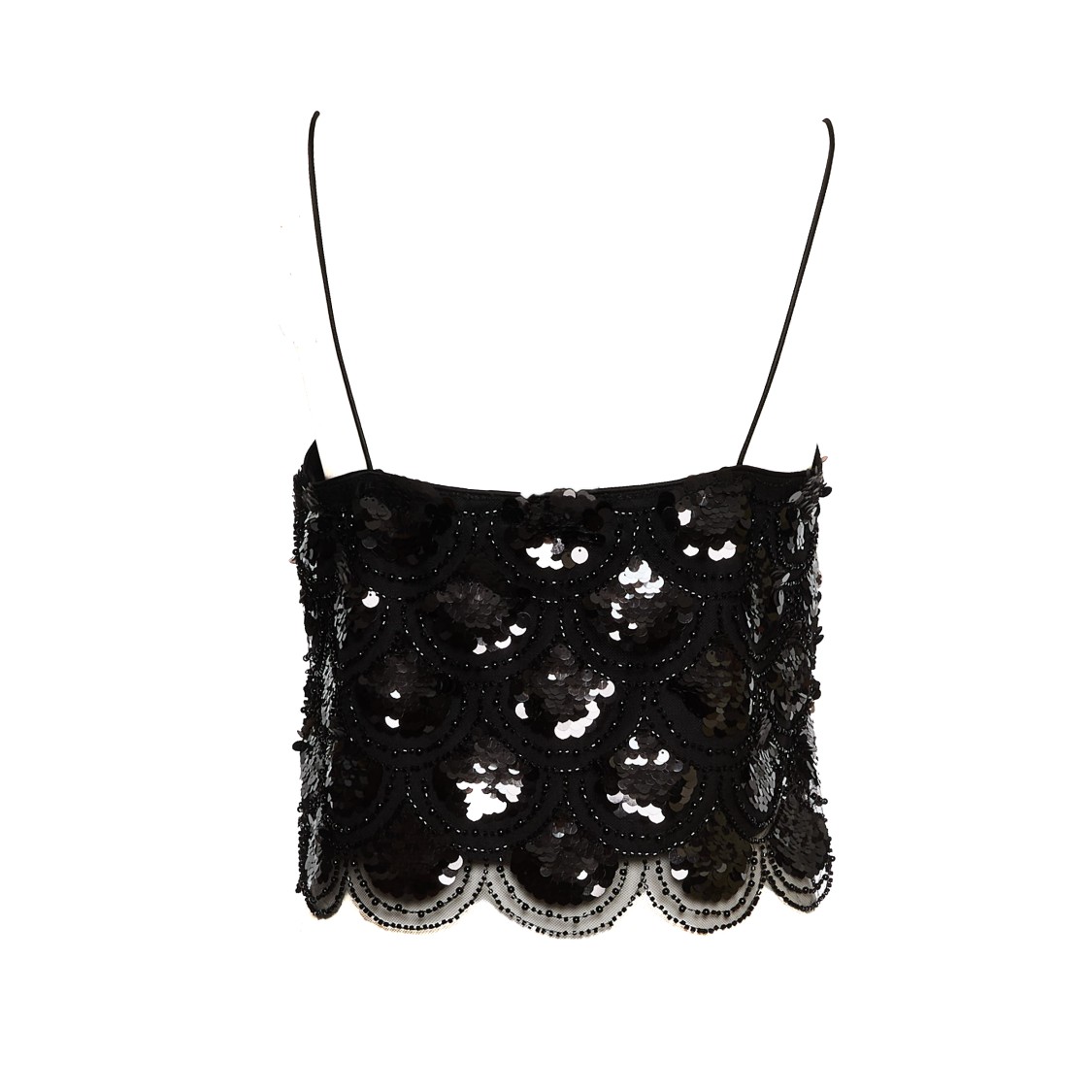 Rotate Birger Christensen Rotate Black Crop Top With Scalloped Sequin Embellishment