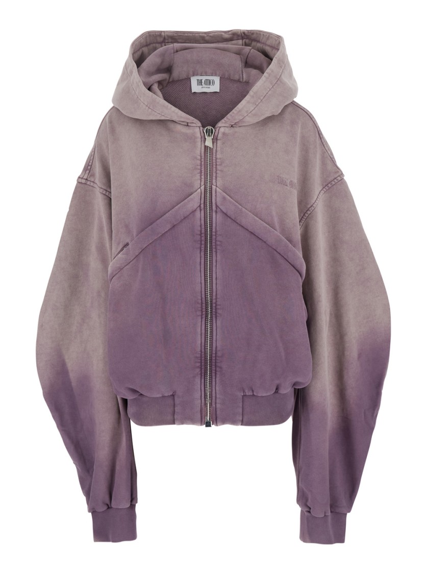 Attico Violet Cropped Bomber Jacket With Hood And Logo Lettering Embroidery On The Front