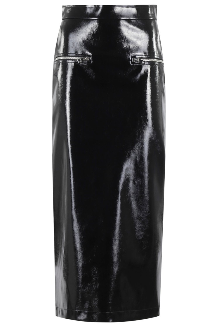 Shop Msgm Pencil Skirt With Glossy Patent Effect In Black