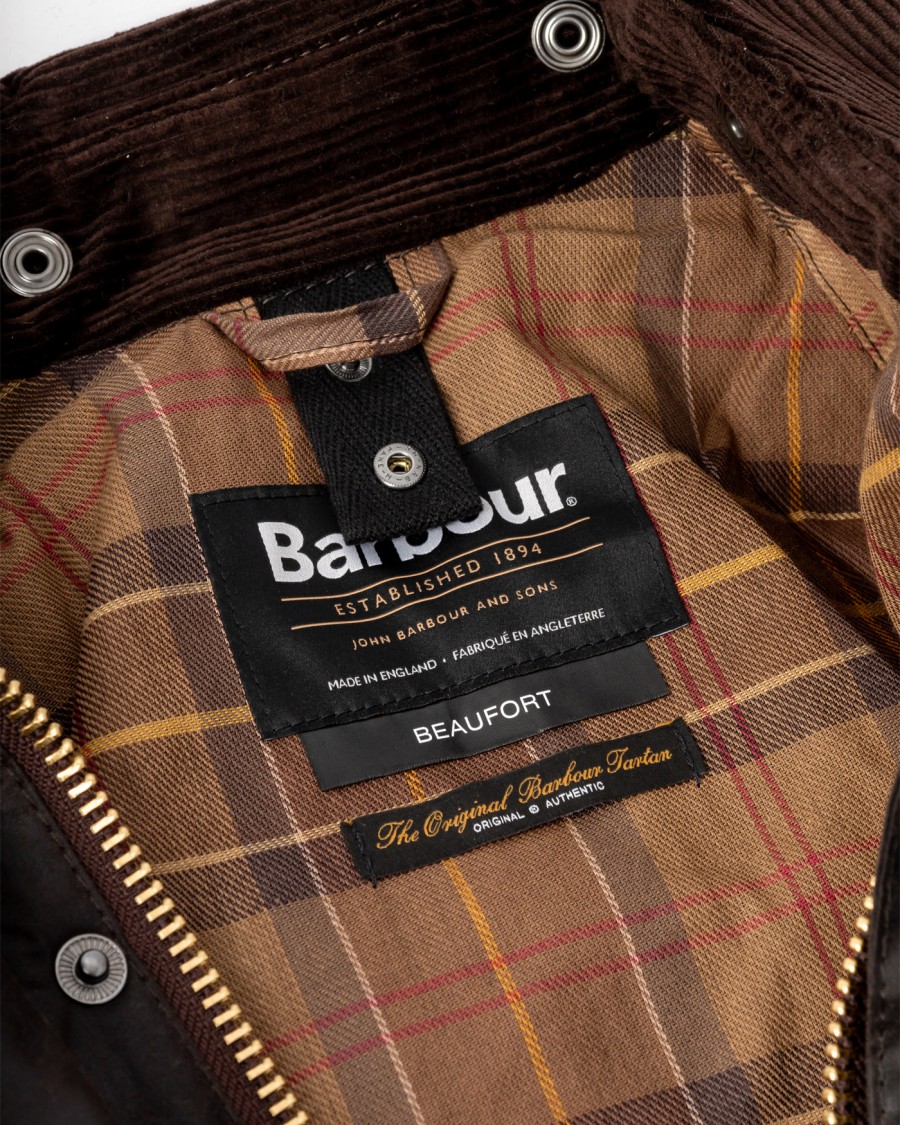 Barbour Beaufort Waxed Cotton Jacket With Corduroy Collar And Multiple Pockets In Black