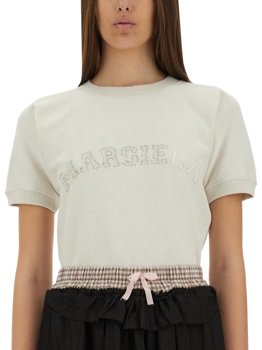 Maison Margiela Short-sleeved Sweatshirt With Textured Logo In Gray