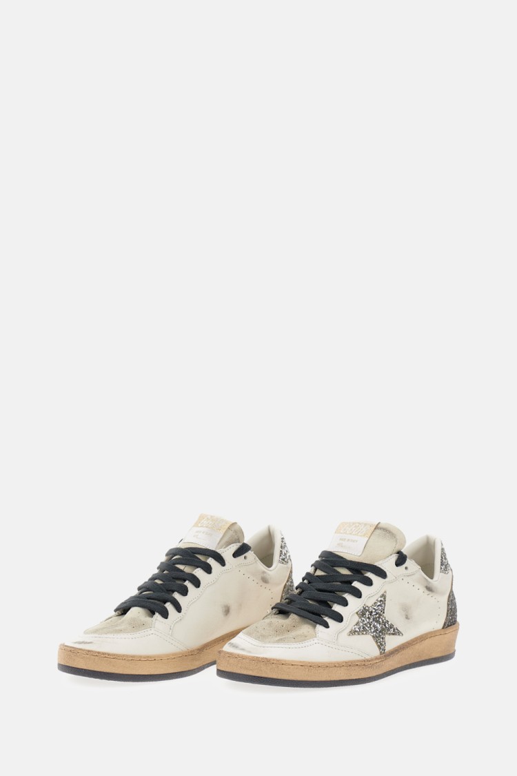 Golden Goose Ballstar White Low Top Sneakers With Glittered Star Patch On The Side And Glittered Heel With Logo L In Neutral