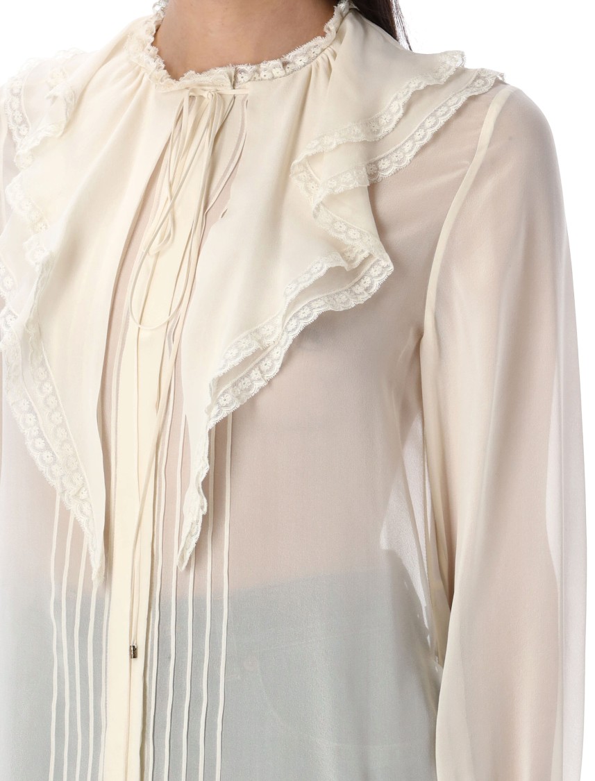 Chloé Lace-trimmed Ruffled Silk Blouse In Neutrals