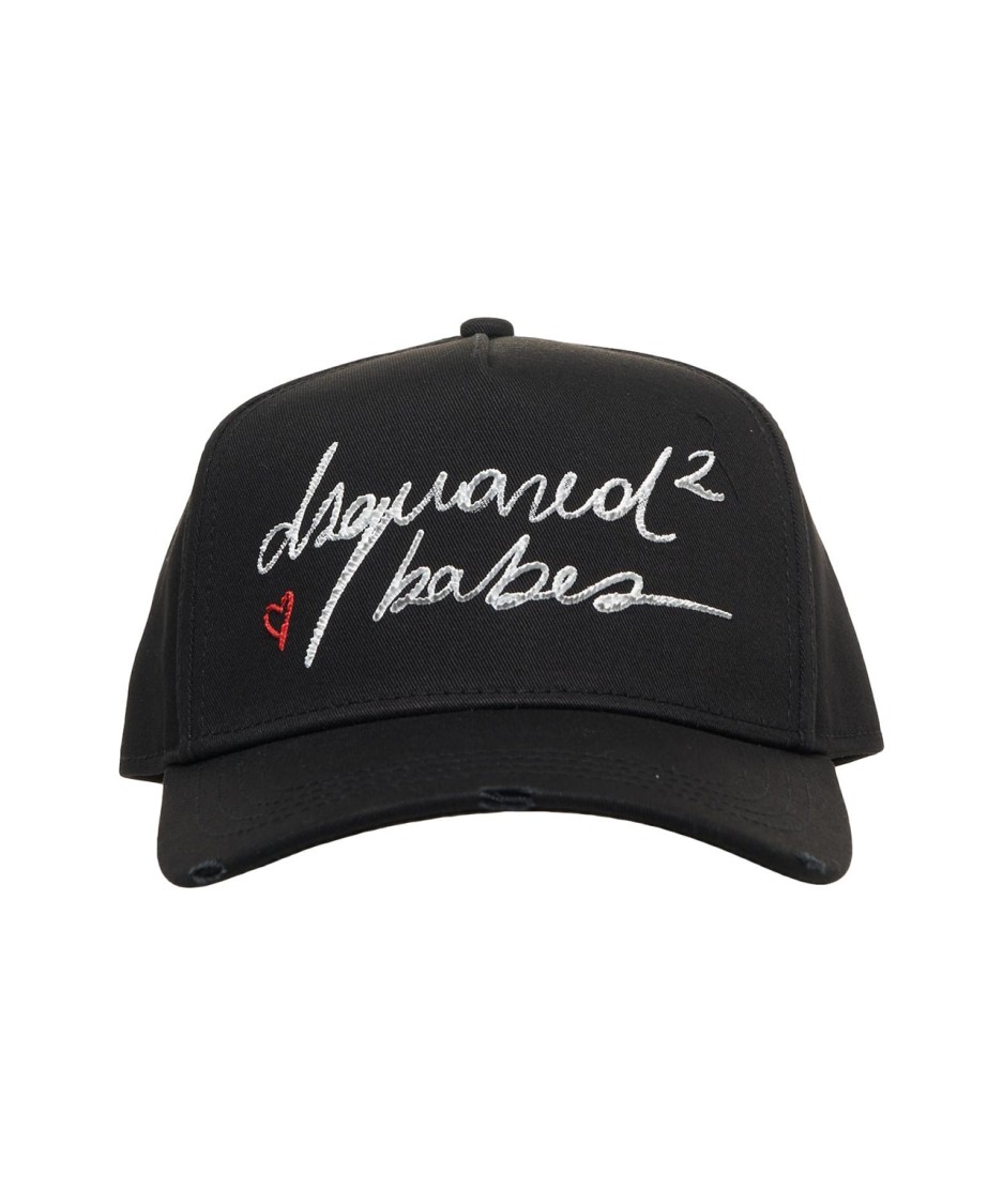 Dsquared2 Distressed Black Baseball Cap With Embroidered Logos In Black