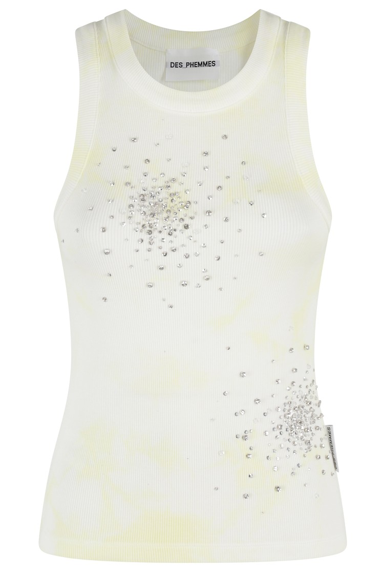 Des Phemmes Fitted Sleeveless Ribbed Tank Top With Bead Embellishments In White