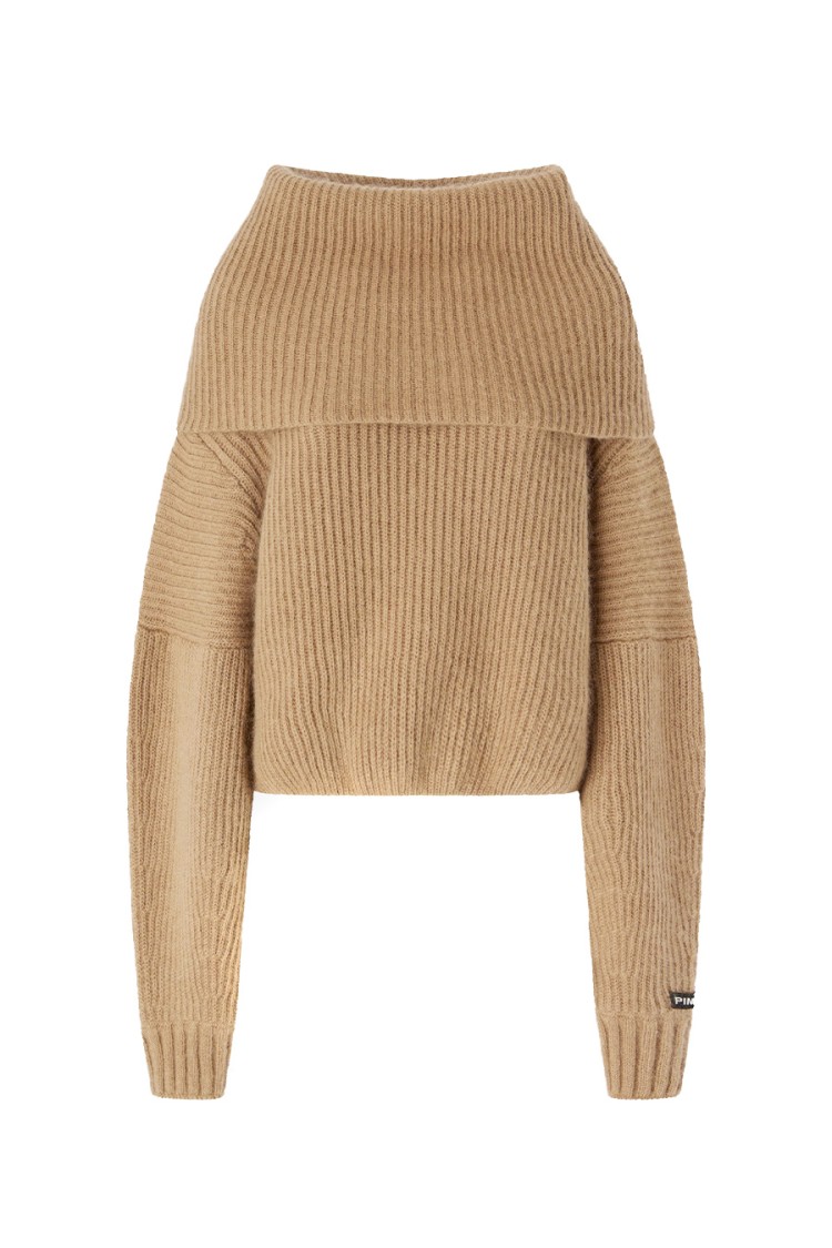 Shop Pinko Off-the-shoulder Beige Knit Sweater With Oversized Fit In Brown