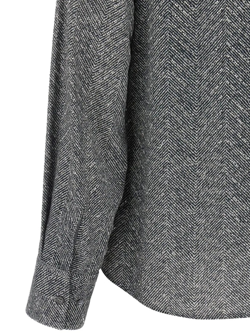 Ermanno Scervino Herringbone Shirt Adorned With Rhinestone Details In Black